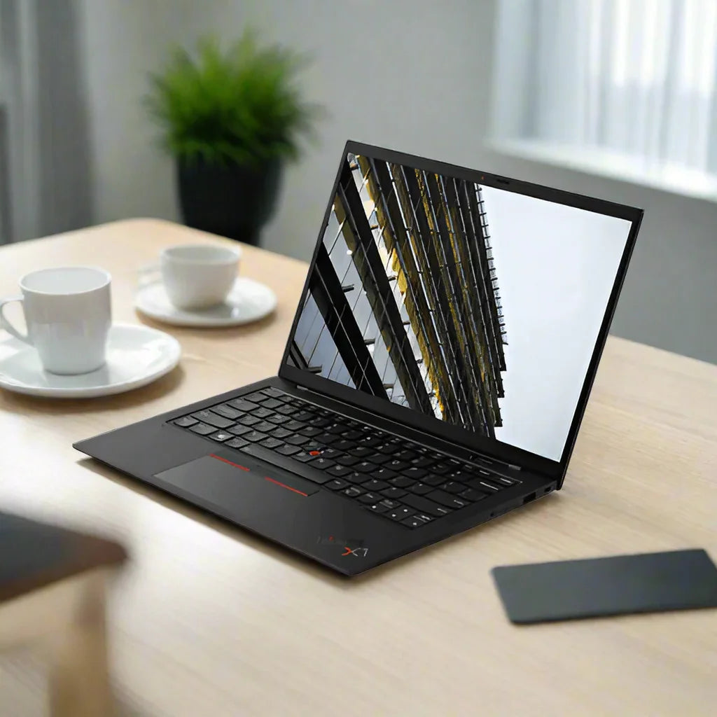 A certified refurbished Lenovo ThinkPad X1 Carbon G9 with Intel i7 sits open on a light wooden table, showing a modern building reflected on its 14" touch screen. Two white cups and a smartphone are nearby, with a window and greenery in the blurred background.