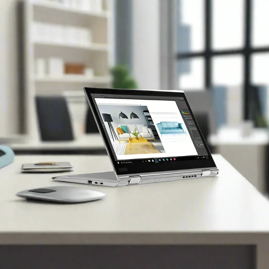 A Lenovo ThinkPad X1 Yoga G3 14 Touch (i5-8350U, 8GB, 256GB, W11P) convertible laptop in tent mode displays a home interior design with a blue sofa and yellow rug. Side ports are visible on this Certified Refurbished Lenovo device.