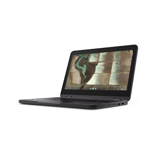 A Lenovo 500e G3 Chromebook N4020 (11.6" Touch, 4GB RAM, 32GB) is open on a white surface with an aerial landscape on the display and several ports visible. The device comes from Lenovo and includes a 1-year warranty.