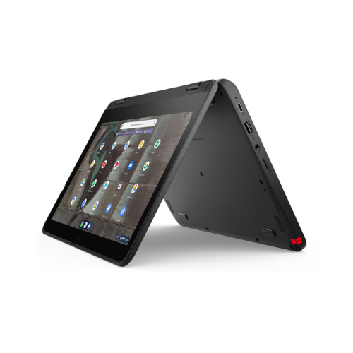 A black Lenovo 500e G3 Chromebook N4020 1.1GHz with 4GB RAM and 11.6" touchscreen is shown in tent mode, displaying app icons on screen. The side view highlights its ports and part of the keyboard underside.