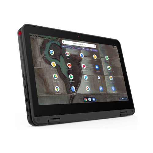 A black Lenovo 500e G3 Chromebook with an Intel N4020 processor, 4GB RAM, and 11.6" touch display is shown in tent mode with the Chrome OS home screen and river field aerial background.