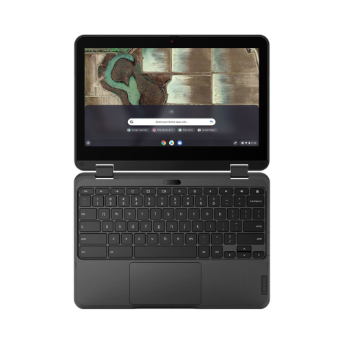 A black Lenovo 500e G3 Chromebook N4020 (11.6" Touch, 4GB RAM, 32GB) is open, showing a top-down aerial image on the screen, with keyboard and trackpad visible against a white background.