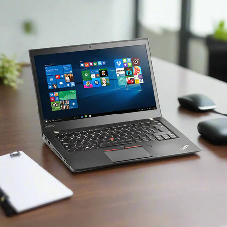 A certified refurbished Lenovo ThinkPad T460s i7 6600U 2.6GHz 8GB 256GB SSD W10P 14 Laptop sits on a wooden desk displaying the Windows 10 start menu, with a wireless mouse, mouse pad, and clipboard nearby; background is softly blurred.