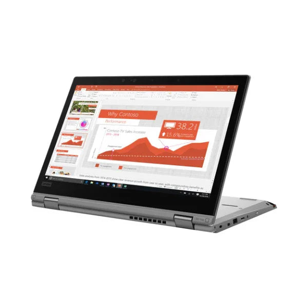 A Lenovo ThinkPad Yoga L390 14" Touch (i5 8265U, 8GB, 256GB SSD, W11H) in tent mode displays a PowerPoint presentation with charts and graphs on its screen.