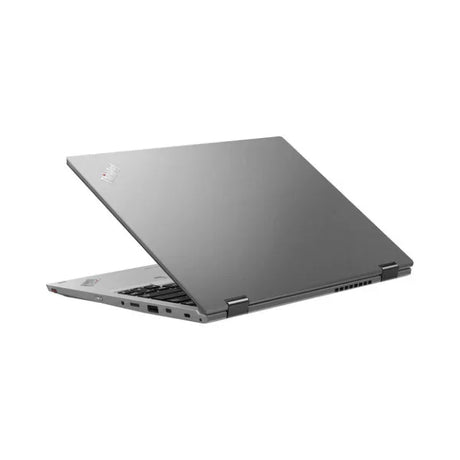 A silver Lenovo ThinkPad Yoga L390 i5 8265U 1.6GHz 8GB 256GB SSD W11H 14" Touch laptop is shown partially open from the back-left, highlighting its slim design, lid logo, ports, and vents—ideal for versatile business use.