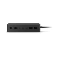 The Microsoft Surface Dock 2 1917 Dual 4K Display USB-C (Certified Refurbished) by Microsoft, shown in black with power input, Ethernet, two USB-C, and two USB-A ports on the front, comes with an adapter and is displayed against a white background.