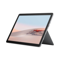 A certified refurbished Microsoft Surface Go 2 Tablet M3-8100Y 1.1GHz 8GB 128GB, running Windows 11 Pro, features a kickstand and displays vibrant sand dunes with a blue sky. The Microsoft device stands securely at an angle on its stand.