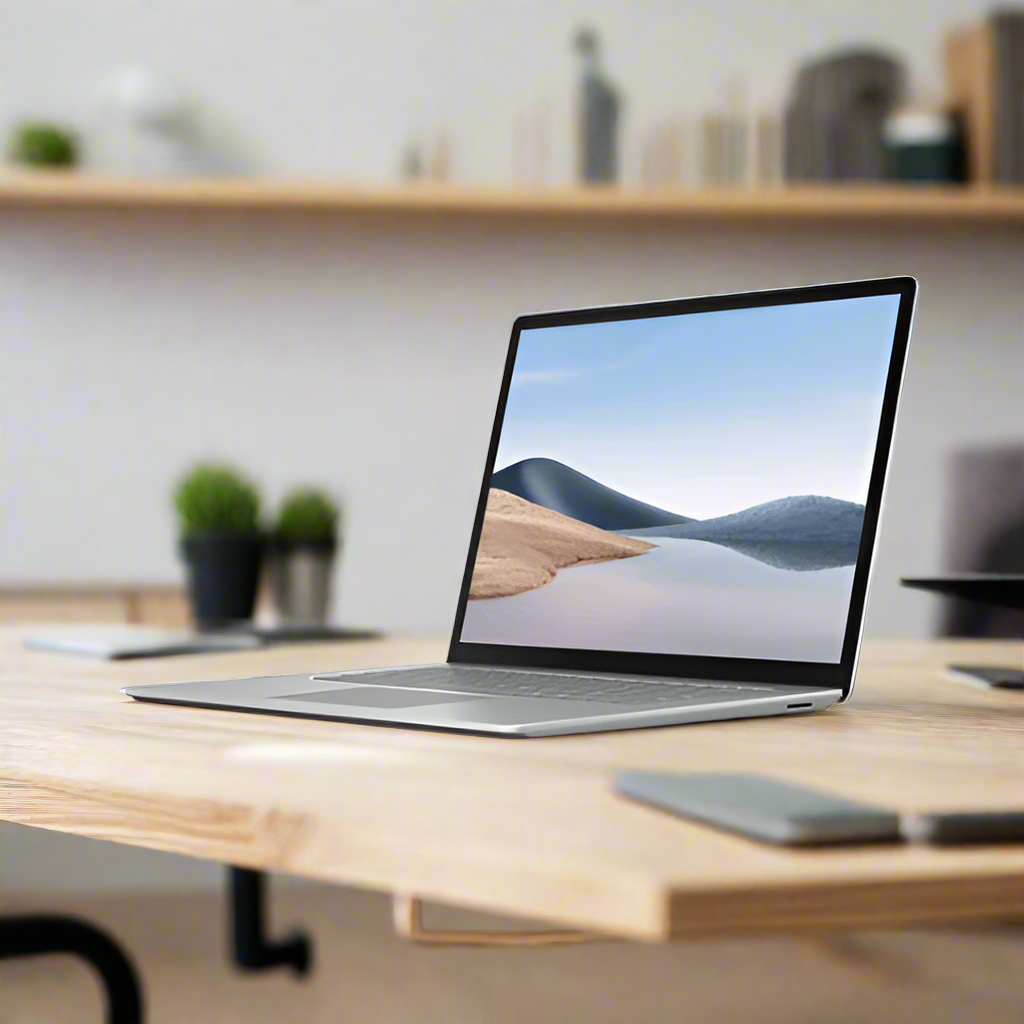 A certified refurbished Microsoft Surface Laptop 4 i7 1185G7 (16GB/256GB, 13.5", W11H) by Microsoft sits open on a wooden desk displaying a sand dune landscape, with blurred shelves and office items in the background.