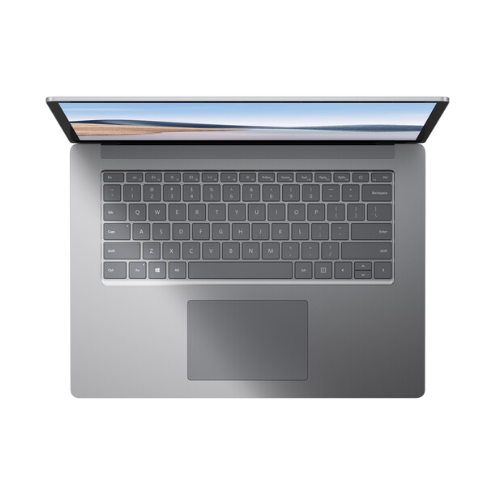 A certified refurbished Microsoft Surface Laptop 4 i7 1185G7 (3GHz, 16GB, 256GB, 13.5") by Microsoft is shown from above, highlighting its sleek keyboard and spacious touchpad with a partially open display.