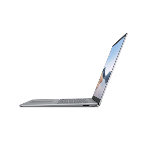 A certified refurbished Microsoft Surface Laptop 4 i7 1185G7 (13.5", 16GB, 256GB, W11H) is shown open from the left side, with its keyboard and slim design visible against a white background and a scenic wallpaper on screen. Brand: Microsoft.