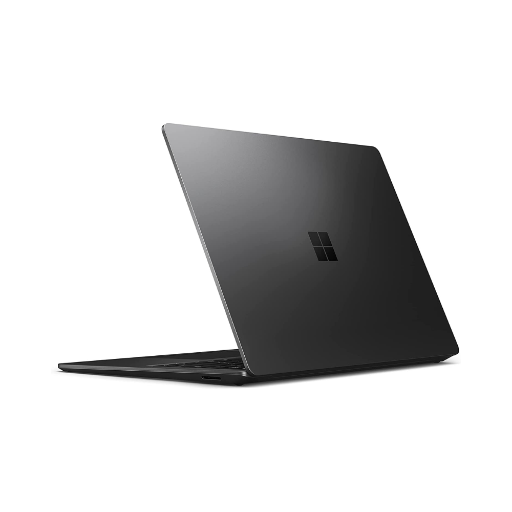 A sleek, black Microsoft Surface Laptop 5 i7 1265U 1.8GHz 16GB 256GB 13.5" W11P is shown partially open from the rear, highlighting the minimalist Windows logo on its lid against a plain white background.