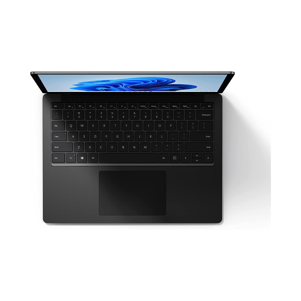 A Certified Refurbished Microsoft Surface Laptop 5 i7 1265U 1.8GHz, 16GB RAM, and 256GB SSD is shown from above on a white surface, displaying its keyboard, large touchpad, and blue swirl screen. Brand: Microsoft.