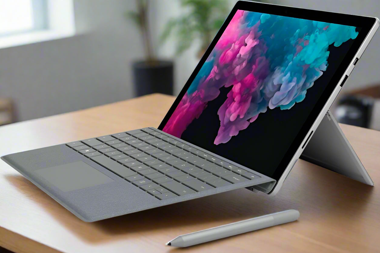 A certified refurbished Microsoft Surface Pro 5 1796 i5 7300U 2.6GHz 8GB 128GB Windows 10 Pro touchscreen tablet with a detachable keyboard and kickstand sits on a wooden desk, digital stylus in front, displaying vibrant pink, teal, and blue clouds.