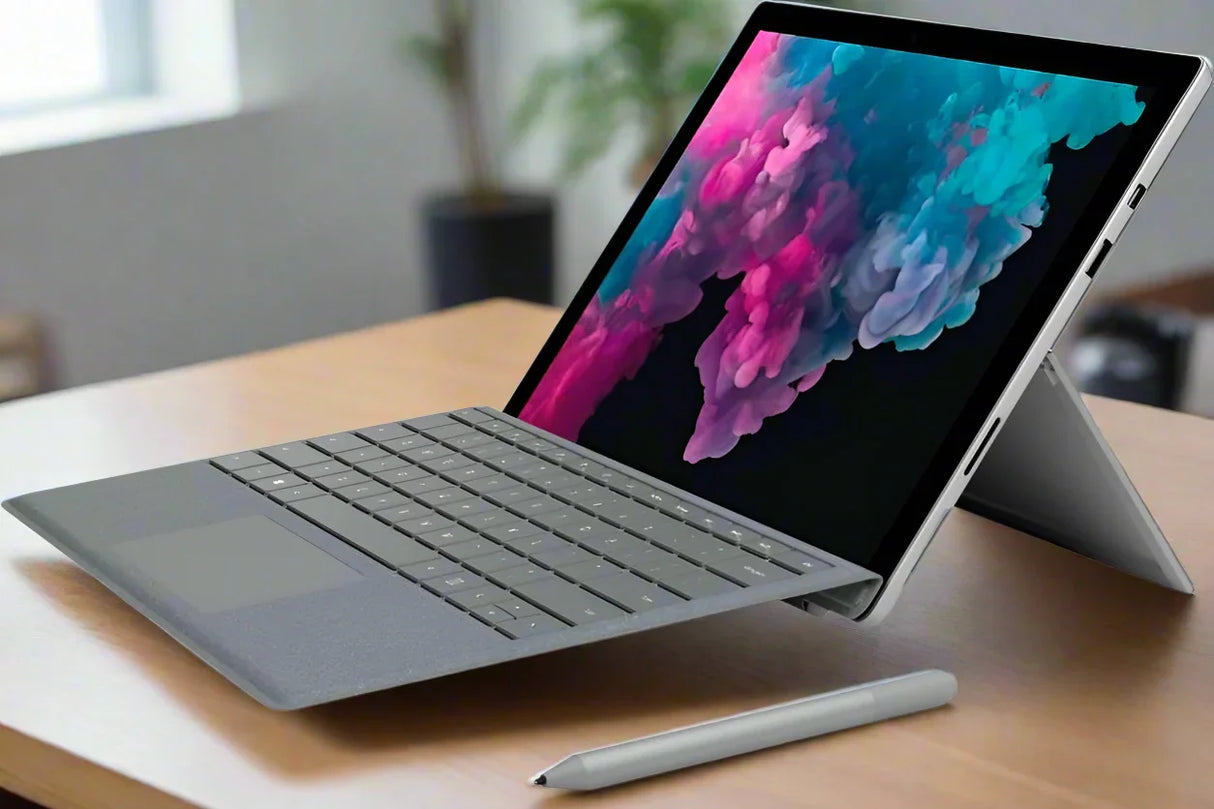 A certified refurbished Microsoft Surface Pro 5 1796 with a 12" touchscreen, i5 processor, 8GB RAM, and 128GB storage is on a wooden desk, screen displaying abstract blue-pink clouds and propped up with its built-in kickstand.