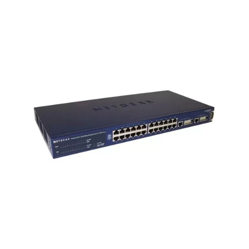 A NETGEAR FSM726 24-Port 10/100 Managed Switch with 2 Gigabit combo ports, shown from the front in a dark blue metal case, is displayed against a white background.