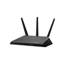 A black NETGEAR Nighthawk R7000 AC1900 Dual Band Gigabit WiFi Router with three upright antennas and front indicator lights, displayed against a plain white background.