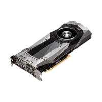 A refurbished silver and black nVidia GeForce GTX 1080 8GB GDDR5X VR Ready GPU with geometric design, cooling fan, and multiple display ports is shown angled on a white background.