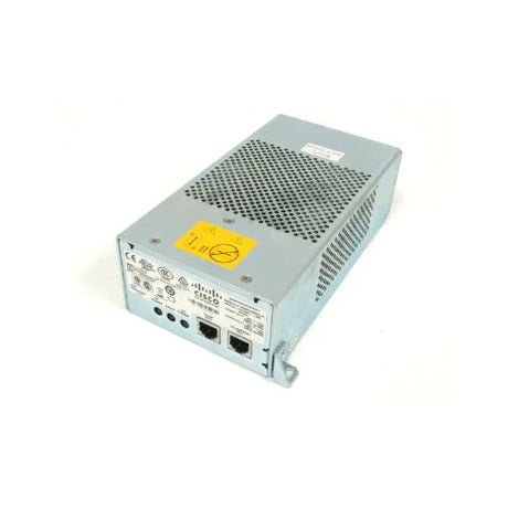 A refurbished Cisco POE80U-560-C-R Power Injector by Cisco, shown on a white background, features ventilation holes, two network ports, indicator lights, certification labels, and a yellow caution sticker on top. 3-month warranty included.