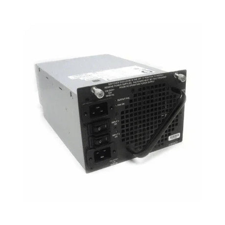 The Cisco PWR-C45-4200ACV 4500 PoE Enabled Power Supply (refurbished) features a vented front panel, power switches, I/O ports, black carrying handle, and silver metal casing with labels and warnings. Includes 3-month warranty.