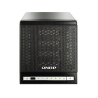 Front view of a refurbished QNAP TS-409 PRO 4-Bay NAS Server (no hard drives, warranty) by QNAP, featuring a mesh front panel, indicator lights, and bottom-edge buttons.