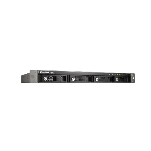 Front view of a refurbished QNAP TS-419U+ 4-Bay 1U Rackmount NAS with four 2TB drives, status LEDs, and a slim black metal design.