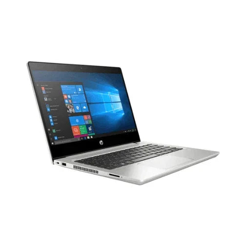 A silver refurbished HP ProBook 430 G7 i5 10210U laptop with a black keyboard is open, angled left on a white background, displaying the Windows start menu—ideal for remote work. Specs: 8GB RAM, 256GB SSD, 13.3", Windows Pro.