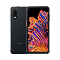 A certified refurbished Samsung Galaxy XCover Pro 64GB Rugged Waterproof Smartphone by Samsung is shown front and back. The bright display shows an abstract pattern, while the rear highlights the single camera and Samsung branding.