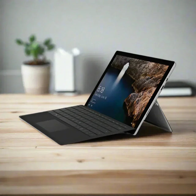 A refurbished Microsoft Surface Pro 4 1724 (i5 6300U, 8GB RAM, 256GB SSD, 12 Touch, Windows 10 Pro) with keyboard sits on a wooden desk. Its display shows scenic wallpaper; a potted plant is blurred in the background.