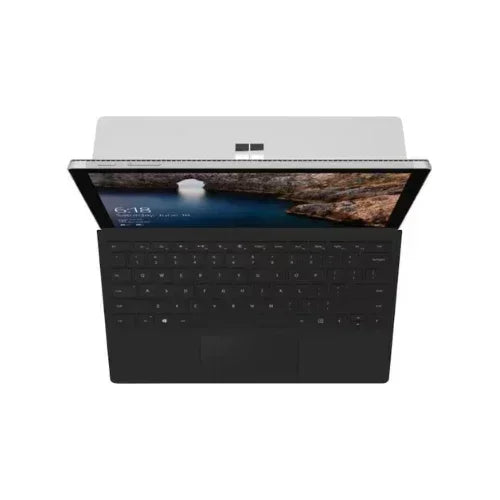 A top-down view of a refurbished Microsoft Surface Pro 4 1724 with black keyboard, 12 touchscreen displaying a landscape image, Surface logo on the back, powered by Intel Core i5-6300U, 8GB RAM, and 256GB SSD.