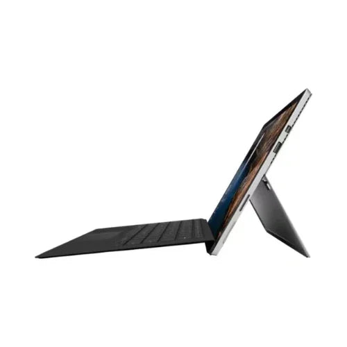 Side view of a refurbished Microsoft Surface Pro 4 1724 with a black keyboard, built-in kickstand, 12 touchscreen display, Intel Core i5-6300U processor, 8GB RAM, and 256GB storage, running Windows 10 Pro.