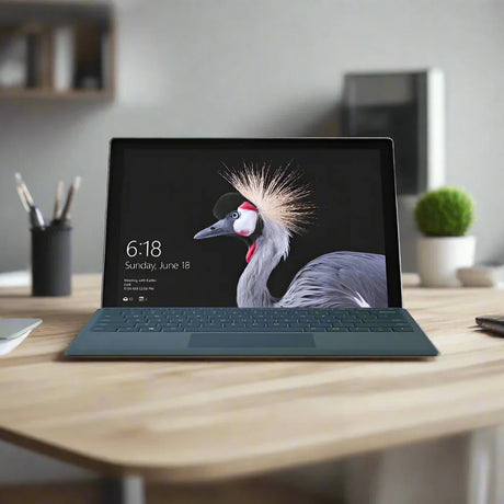 A Microsoft Surface Pro 5 rests on a wooden desk, its 12 touch screen showing 6:18 with a crane bird wallpaper. A blurred plant, books, and monitor in the background create a cozy workspace vibe.