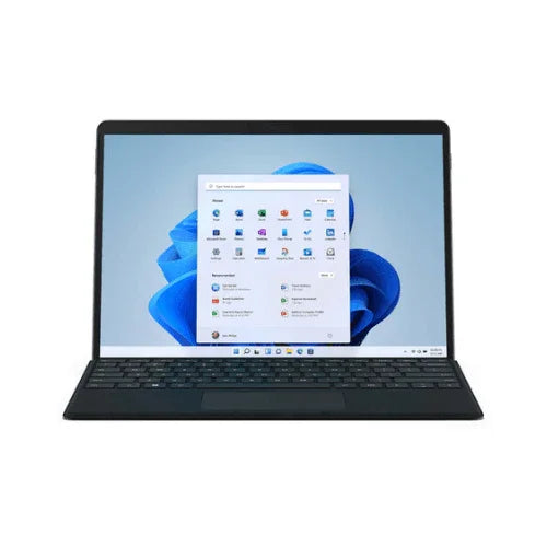 A Microsoft Surface Pro 8 i7 1185G7 3GHz 16GB 256GB 13" (black) with keyboard and stylus, displaying the Windows 11 Pro start menu on a blue abstract background.