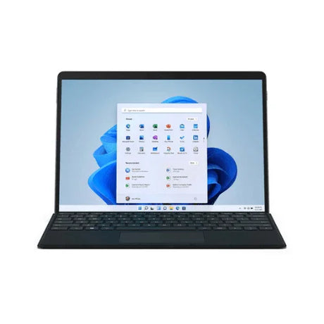A Microsoft Surface Pro 8 i7 1185G7 3GHz 16GB 256GB 13" (black) with keyboard and stylus, displaying the Windows 11 Pro start menu on a blue abstract background.
