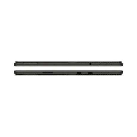 Two slim, closed Microsoft Surface Pro 8 i7 laptops are shown from the side. Each has a headphone jack on top, two USB-C ports and a memory card slot below. Both 13" devices look thin, sleek, and include a stylus.