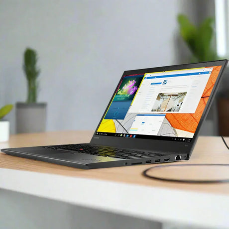 A Lenovo ThinkPad T570 i5 7200U 15.6" business laptop with 8GB RAM and 512GB SSD sits on a light wooden desk, its screen showing multiple windows. Blurred green plants in gray pots decorate the background.