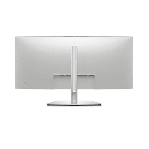 Rear view of a refurbished Dell U3421WE 34" Curved IPS monitor (3440x1440, 21:9, 5ms), featuring a sleek silver stand and minimalist design, isolated on a white background.