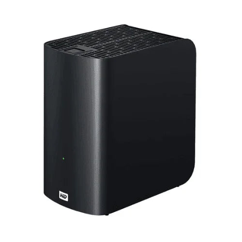 The refurbished Western Digital WDBVHT0040JCH-00 My Book Live Duo (2 x 2TB, 4TB total) is a black external hard drive with RAID 1 protection for secure storage, rectangular design, rounded edges, top ventilation slots, and a WD logo on the front.