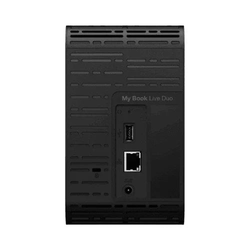 Rear view of the refurbished Western Digital WDBVHT0040JCH-00 My Book Live Duo 2 x 2TB, showing USB port, Ethernet port, power input, and a small power button for easy access. Features personal cloud storage and RAID 1 protection.