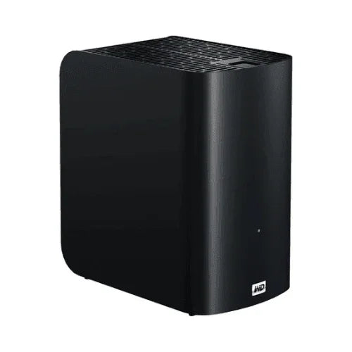 The Western Digital WDBVHT0040JCH-00 My Book Live Duo 2 x 2TB features a sleek black design with top ventilation grilles and offers RAID 1 data protection for secure personal cloud storage, presented on a white background.