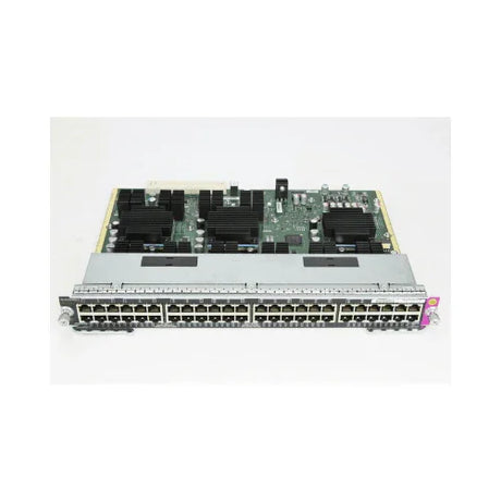 The Cisco WS-X4648-RJ45-E 48-Port E-Series Line Card by Cisco is a refurbished board featuring 48 Ethernet ports in two rows, advanced components, and heat sinks for reliable high-speed networking. Includes a 3-month warranty.