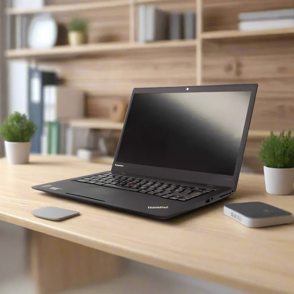 A certified refurbished Lenovo ThinkPad X1 Carbon i7 3667U 2GHz, 8GB RAM, 256GB SSD, NO OS, is open on a wooden desk with potted plants, wireless mouse, and external drive. Blurred shelves with books and files in background.