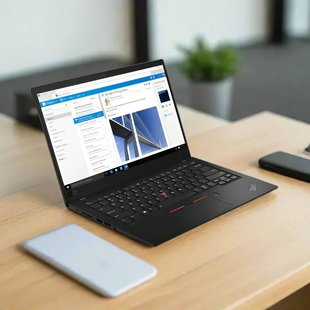 A refurbished Lenovo ThinkPad X1 Carbon G7 i7 8565U (16GB, 256GB, 14", Windows 11 Pro) is open on a wooden desk beside a smartphone and notebook, with a blurred green plant in the background.