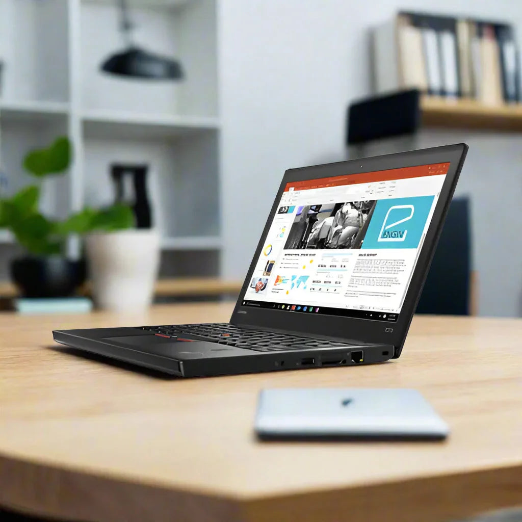 A certified refurbished Lenovo ThinkPad X270 i7 6600U 2.6GHz 16GB 128GB SSD laptop sits open on a wooden desk, displaying a presentation. Nearby is a closed silver smartphone; shelves with books, decor, and a plant can be seen in the background.