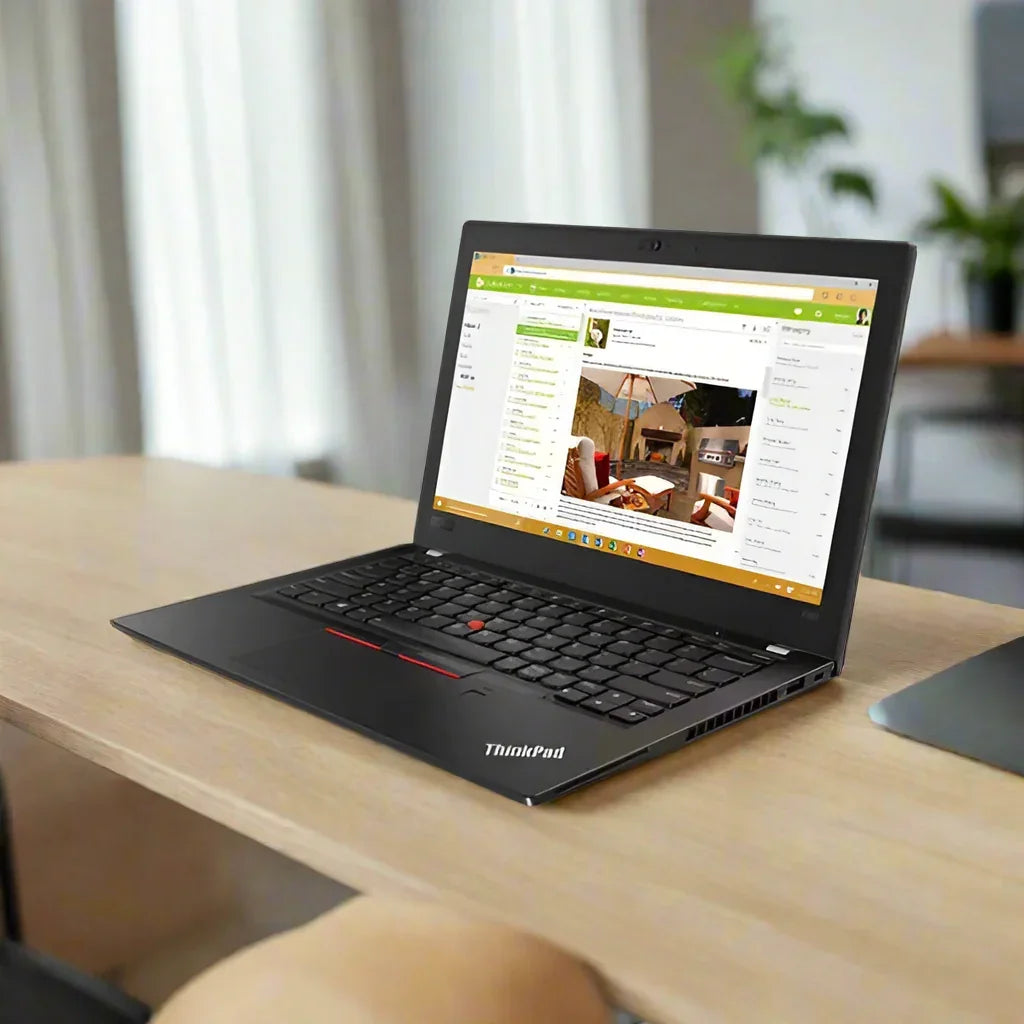 A Lenovo ThinkPad X280 i7 8650U 1.9GHz 16GB 256GB SSD 12.5 W11P laptop is on a wooden desk displaying a workspace page, with blurred plants and light through curtains in the background.