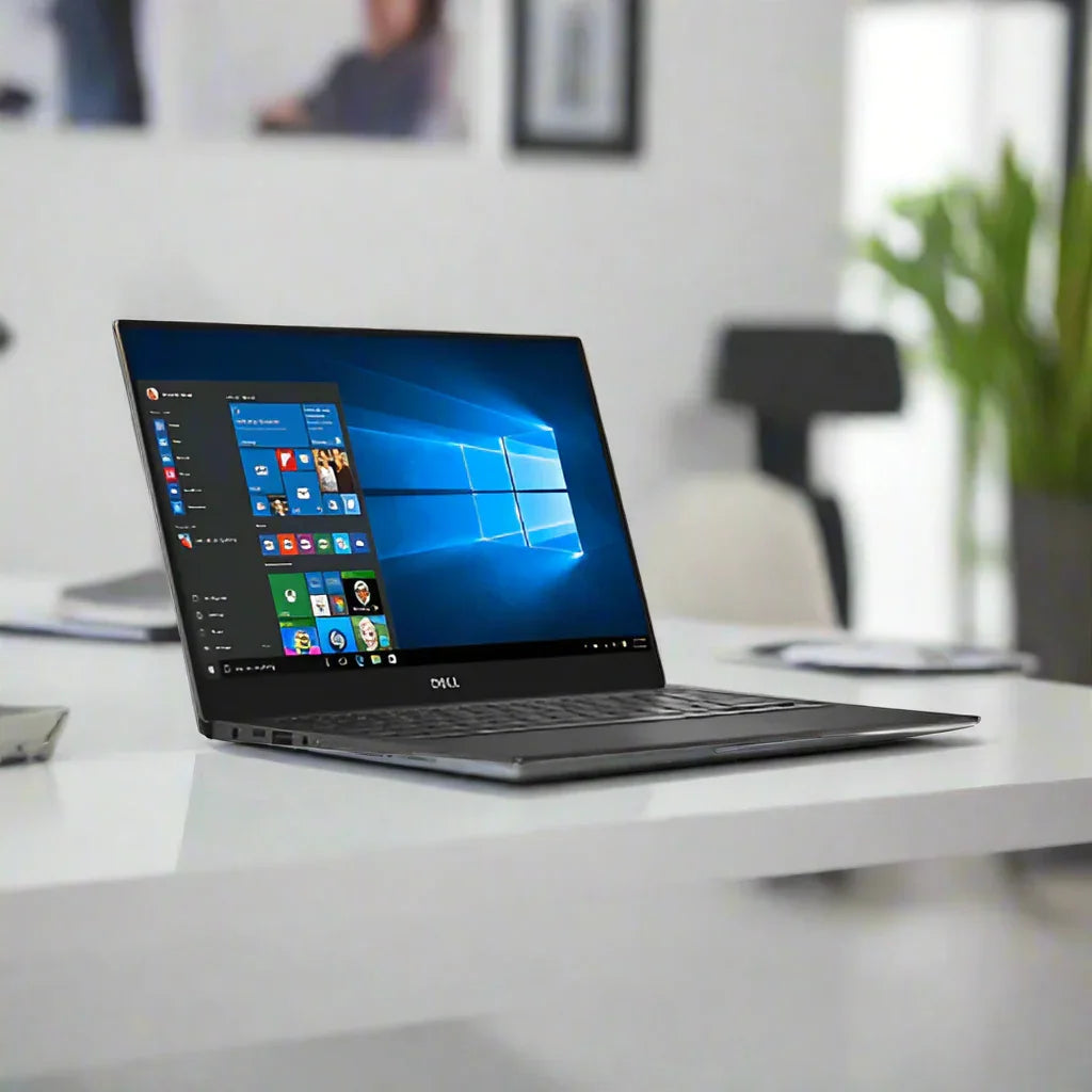 A Dell XPS 13 9350 i5 6200U 8GB 256GB SSD laptop with a Windows 10 Pro desktop is open on a white desk in a bright, modern office, with blurred background objects and a green plant.