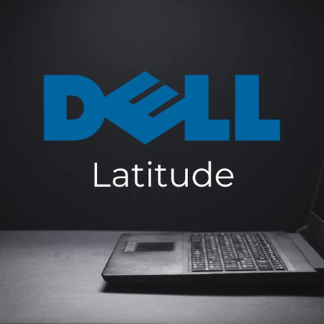 A partially visible Dell Latitude laptop sits on a dark surface with the Dell logo and the word Latitude displayed above it on a black background.