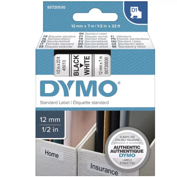 Dymo S0720530 D1 12mm x 7mm Label Tape Black on White | Brand New in Box