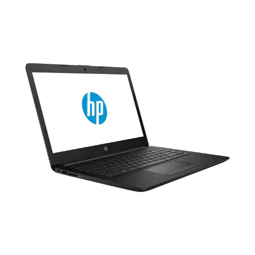 An open black HP 14-dg0001tu N4000 1.1GHz 4GB 64B NO OS 14" refurbished laptop is displayed at an angle, showing the HP logo on its screen with keyboard and touchpad visible against a white background.