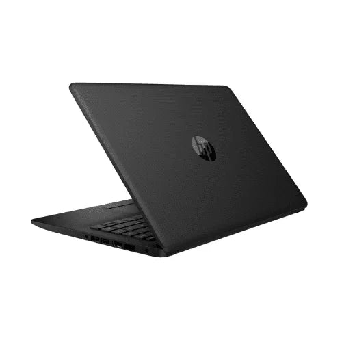 A refurbished HP 14-dg0001tu N4000 1.1GHz 4GB 64B NO OS 14" Laptop with visible left side ports and keyboard, showing the HP logo on the back, stands out against a white background. Comes with a 3-month warranty.