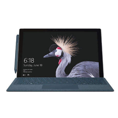 A certified refurbished Microsoft Surface Pro 5 1796 with a 12" touchscreen (i5-7300U, 8GB RAM, 128GB SSD, Windows 10 Pro) from Microsoft is displayed with a detachable keyboard and stylus. The screen shows a crowned bird and the time 6:18 on Sunday, June 18.